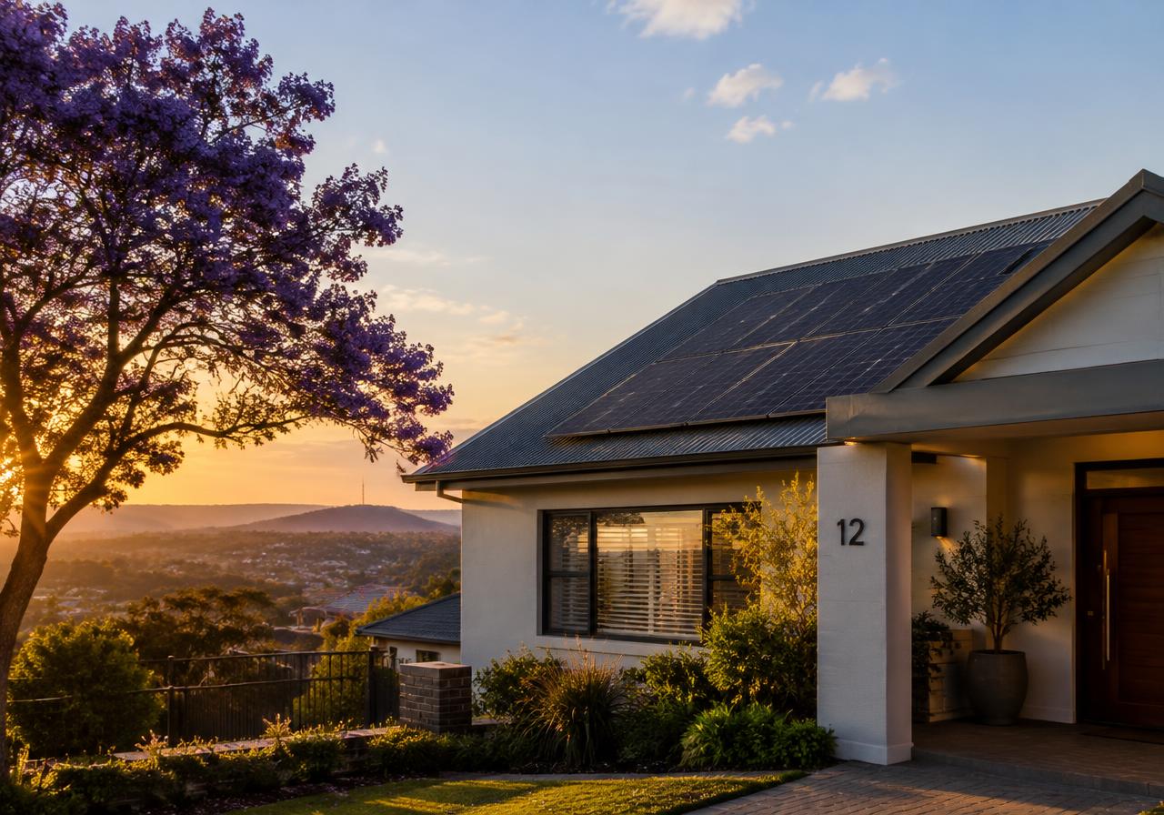 South African home with rooftop solar panels at sunset